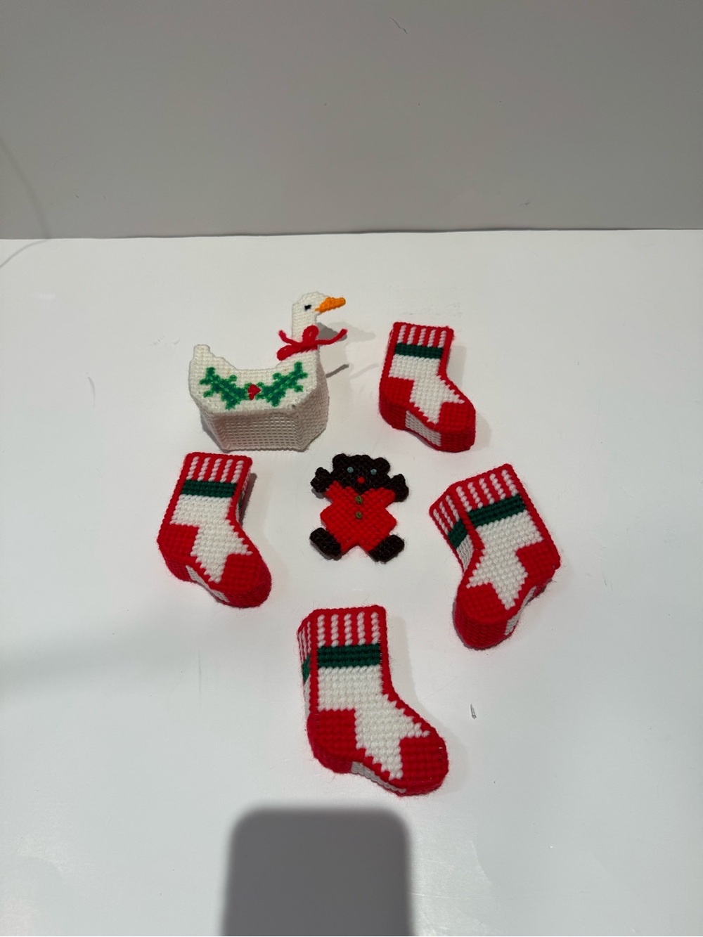 Vintage Plastic Canvas Handmade Christmas Ornaments Set Goose Bear Stockings